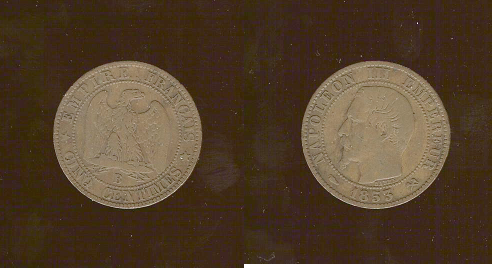 Cinq centimes Napoléon III, tête nue 1853 Rouen TTB-